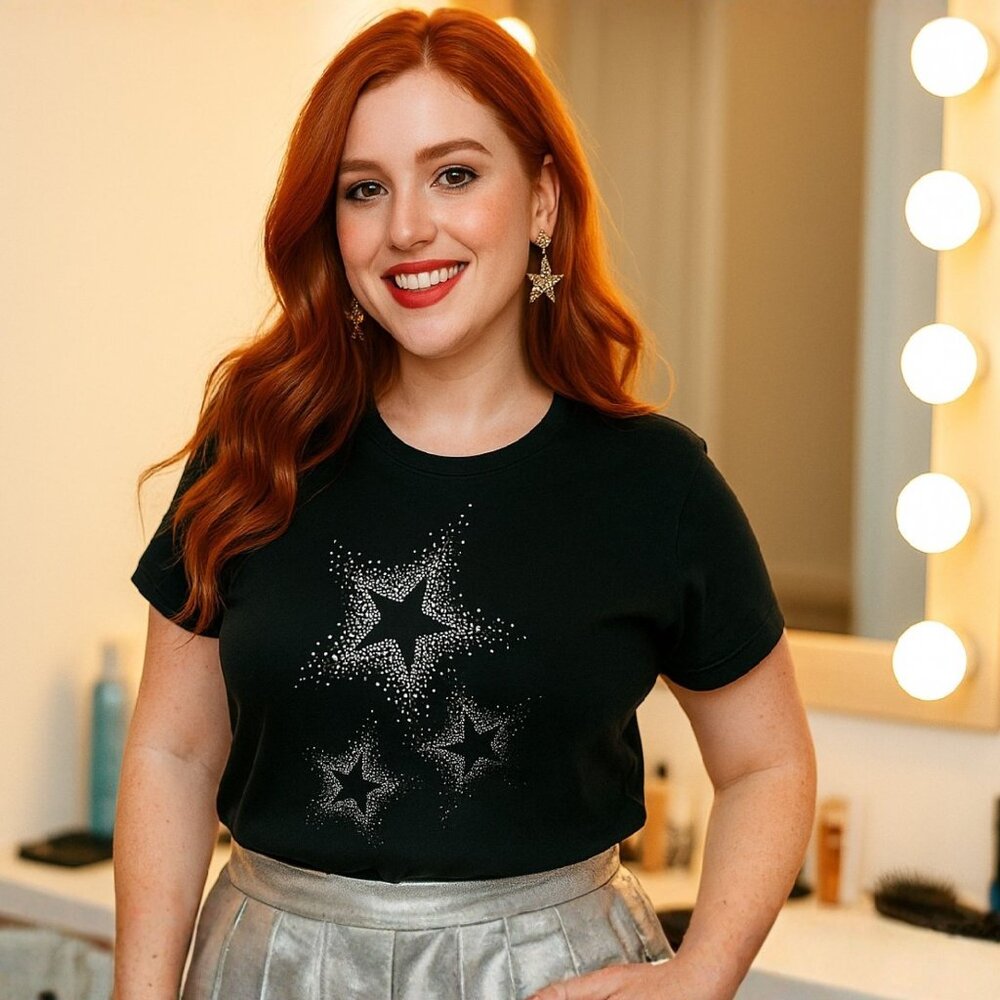 Theater Star Graphic T Shirt Size L Black Cotton Short Sleeve Top Glam